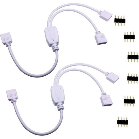 2 x séparateur de câble LED RGB 1:2, diviseur DC à 2 canaux pour ruban LED SMD 5050/3528/2835, câble splitter 4 broches, rallonge blanche de 30 cm