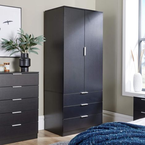 Phoenix Wardrobe 2 Door 3 Drawers Black Bedroom Furniture Clothing Storage Shelf (1/5)