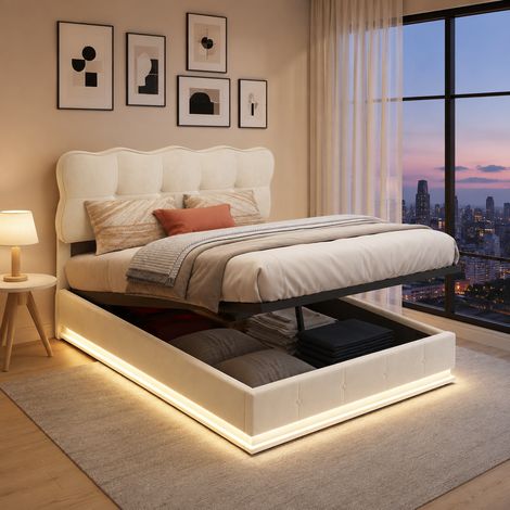 Lit coffre double adulte 160x200 cm avec rangement hydraulique, tête de lit réglable, velours beige, style minimaliste (1/5)
