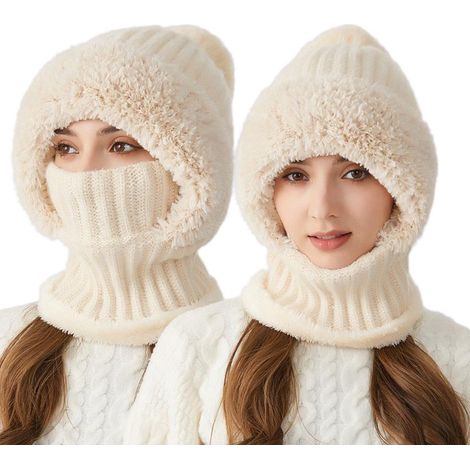 Cagoule d'hiver 3 en 1 pour femme - Masque de ski coupe-vent - Masque facial d'hiver pour femme - Bonnet unisexe en maille épaisse - Protection du cou - Bonnet chaud - Idéal par temps froid - Tour de  (1/5)