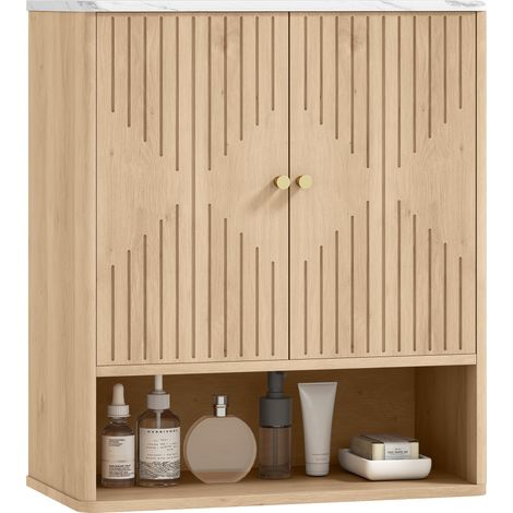 Armadietto Bagno a Parete con Ripiano Aperto e Ante Decorate, Piano Effetto Marmo, 60x18x70 cm, Rovere