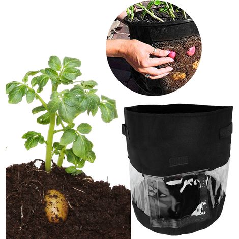 Bolsa de cultivo con ventana de visualización – maceta para frutas y verduras (fresas, patatas, cebollas, rábanos) – para uso interior y exterior – 30 x 35 cm / 26 l / 7 galones – fieltro + PE – negra (1/5)