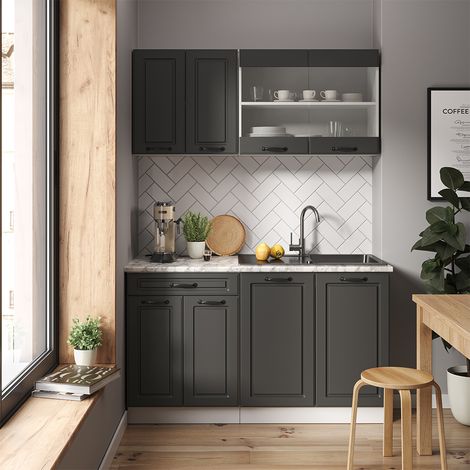 Cocina para solteros R-Line, Antracita casa de campo/blanco, 140 cm , ET Mármol, Vicco