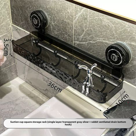 Étagère d'angle carrée transparente grise argentée à ventouses avec lapin, fixation murale sans perçage, organisateur de lavabo pour salle de bain, sans perçage (1/5)