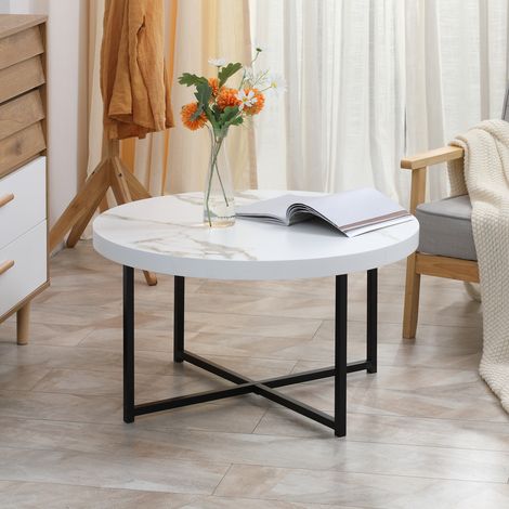 Mesa de Centro Mesa de Salón Redonda con Encimera Símil Mármol y Marco de Metal Estilo Moderno 80x80x45 cm Blanco (1/5)