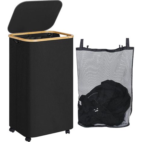 Panier à Linge sur Roues 110L, Panier Linge Sale Grands Lessive avec sac Intérieur Amovible Lavable, Corbeille a Linge haut avec Couvercle Serviettes (Noir) (1/5)