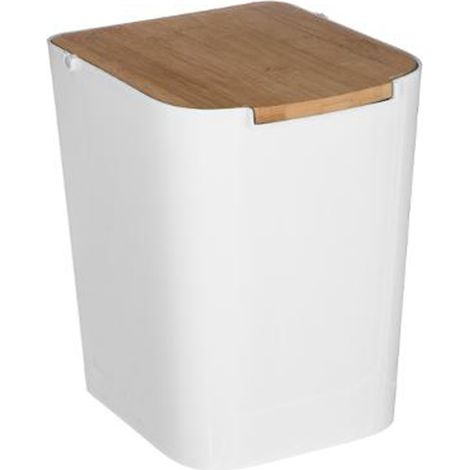 Poubelle blanche avec couvercle en bambou 5 L - L 18.3 x H 24.4 x P 22.4 cm -PEGANE-