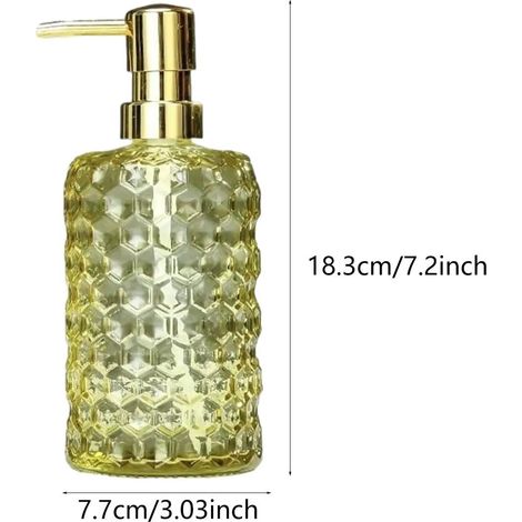 Distributeur de savon en verre jaune (500 ml) avec pompe en acier inoxydable. Flacon distributeur de savon liquide rechargeable. Accessoire de salle de bain. (1/5)