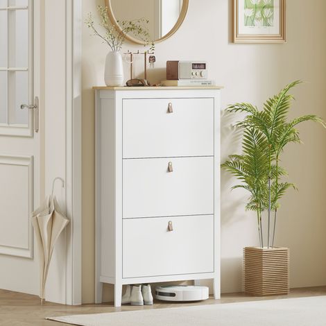 Shoe Cabinet with Three Flip Drawers for 21 Pairs, Adjustable Dividers, Slim Design for Small Spaces, Easy Clean Base, White and Oak