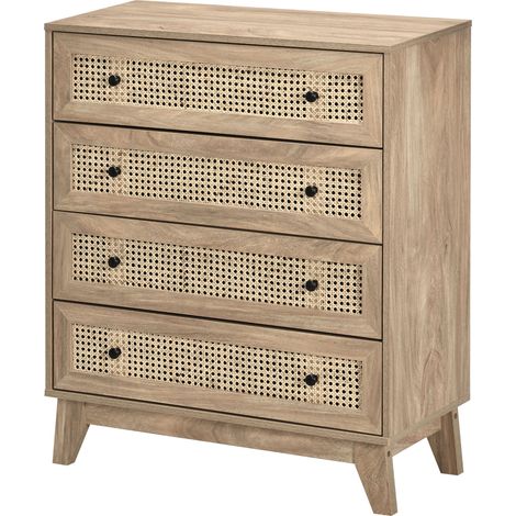 Kommode mit 4 Schubladen, Aufbewahrungsmöbel, Rattan, helle Holzoptik, 80 x 35 x 95 cm