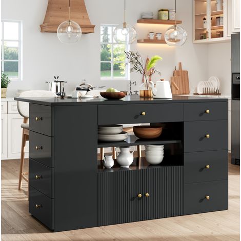 Isla de cocina 140/40/89 cm en negro con 6 cajones y taburete con almacenaje (1/5)