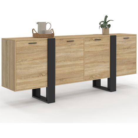 Idmarket – Buffet enfilade 200 cm 4 portes bois et noir – Structure robuste – Design bi-matière moderne – Idéal pour salle à manger (1/5)