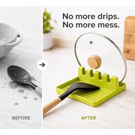 Porte cuillères de cuisine 2 pièces avec coussinet anti gouttes support de couvercle multifonctionnel blanc et vert compatible lave vaisselle (1/4)