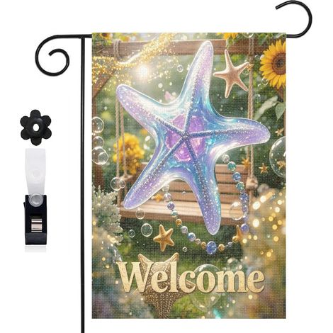 Drapeau de jardin 30 x 45 cm motif étoile de mer et décor marin coloré toile double face résistante (1/5)