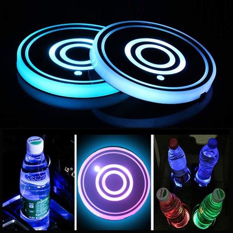 Lot de 2 porte-gobelets LED, sous-verres de voiture LED avec coussin de tasse luminescent 7 couleurs, tapis de tasse de charge USB pour accessoires de dessous de verre, décoration intérieure, lumière (1/5)
