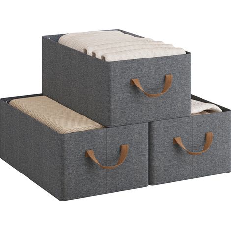 WOLTU Set of 3 Foldable Storage Boxes, Fabric Containers with Handles, 47x28x20 cm, Grey+Brown