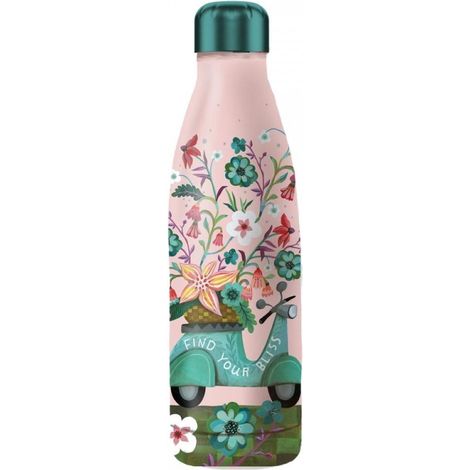 Borraccia termica "Enesco" rosa con stampa di fiori e moto