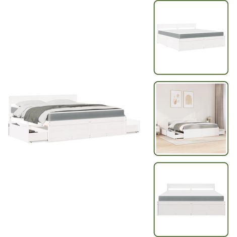 The Living Store Bett mit Schubladen und Matratze Weiß 180x200 cm Massivholz - Schlafzimmermöbel - Holzbetten - Doppelbett - Boxspringbett - Kiefernholzbett (1/5)