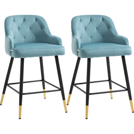 Lot de 2 tabourets de bar chaises hautes capitonnées aspect velours, pieds métal noir et doré avec repose-pieds, accoudoirs hauteur 61 cm - bleu (1/5)