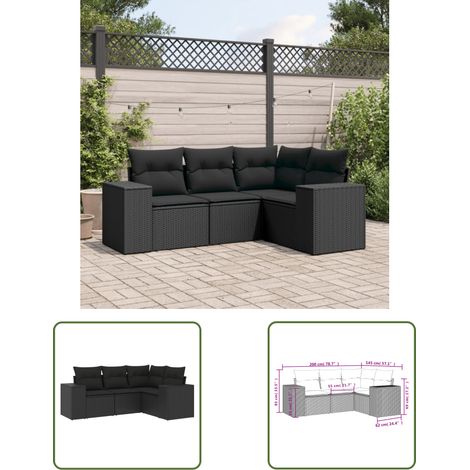 The Living Store 4-tlg. Garten-Sofagarnitur mit Kissen Schwarz Poly Rattan - Gartensofas - PE-Rattan Möbel - Outdoor Möbel - Gartenmöbel Set - Lounge Set (1/3)