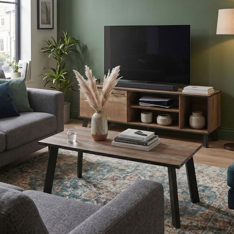Ensemble table basse et meuble TV aspect bois rustique et métal noir - CHIARA (1/5)