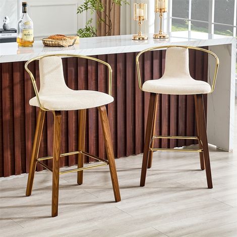 Lot de 2 tabourets de bar - 54.7x44x88 cm - Chaise haute cuisine îlot scandinave moderne assise velours bouclé tissu teddy - Blanc (1/5)