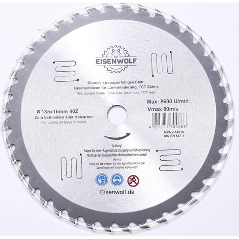 1 Kreissägeblatt – Hartmetall – 40 Zähne für Holz und Verbundwerkstoffe – Grau – 185 x 16 cm (1/5)