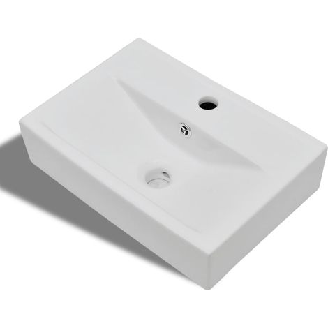Fregadero sobre recipiente con rebosadero/grifo para baño 46,5 x 32 cm cerámica blanca (1/5)