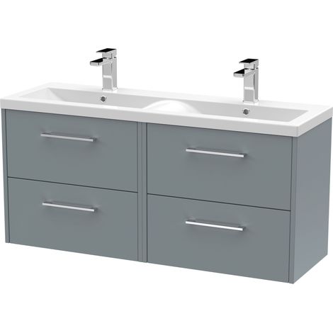 Winshill Contemporary 4 Drawer Wall Hung Vanity Unit with Double Basin, Grey, 1200mm