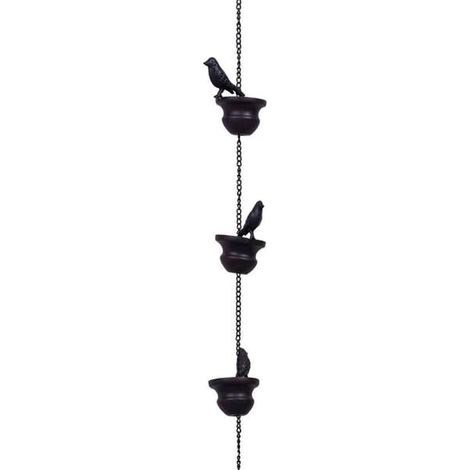 Chaîne de pluie décorative en bronze avec motif d'oiseaux (2,4 m) pour gouttière de jardin et terrasse. (1/5)
