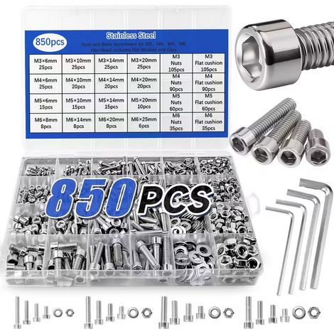 Kit de Visserie Inox 850 Pièces, Vis BTR CHC à Tête Cylindrique Six Pans Creux avec Écrous et Rondelles Plates, Assortiment de Boulons Inox A2-50 M3 M4 M5 M6, Coffret de Vis Allen pour Bricolage, Répa (1/5)