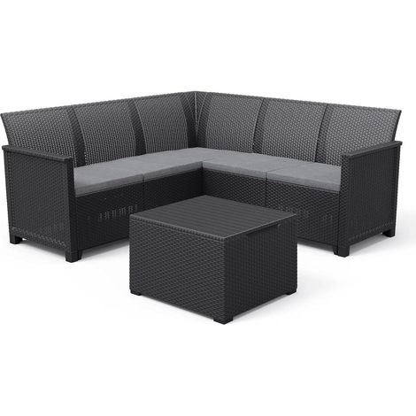Salottino da Esterno Emma Corner Set 4 Pezzi in Resina Effetto Rattan con Divano Angolare 5 Posti e Tavolino Contenitore Colore Graphite Keter