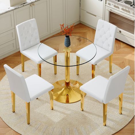 Mesa redonda de vidrio templado de 85 cm con 4 sillas blancas y doradas (1/5)