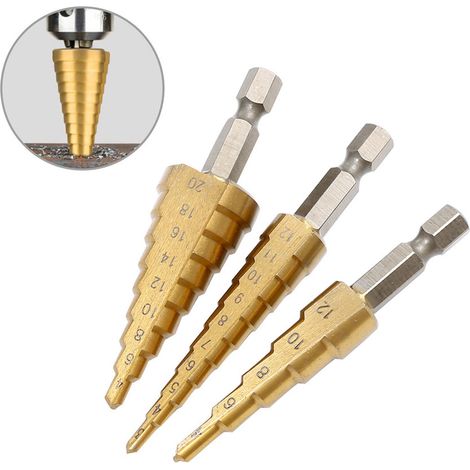 Set mit 3 gestuften Stahlbohrern mit Kugellagern, Titanbeschichtung, Pagodenform, für Holz und Kunststoff, professionelles Bohrset (1/5)