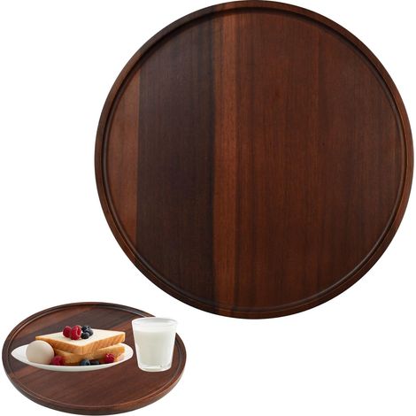Plateau de Service Rond en Bois 30CM Assiettes Rondes en Bois Plats de Table Vintage Ronde Rond Assiette à Thé Plateau Décoratif pour Café Repas Canapé Cuisine Fruits Steak Pain (1/5)