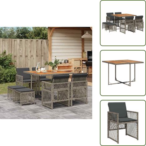 The Living Store Set da Pranzo da Giardino 9 pz con Cuscini in Polyrattan Grigio - Sedie da giardino