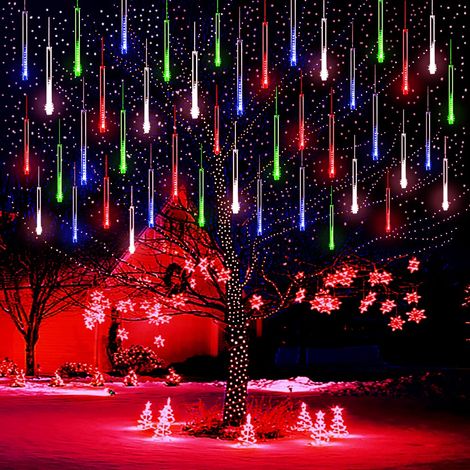 Guirlandes lumineuses de Noël extérieures, 360 LED, pluie de météores, décorations de Noël, guirlandes lumineuses de Noël (10 tubes - 50 cm) (1/5)