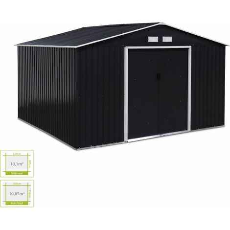 Abri de jardin en métal - Boulonnais - 10.85m² gris anthracite et blanc - Cabane à outils avec deux portes coulissantes. kit de fixation sol inclus. maison de rangement. remise