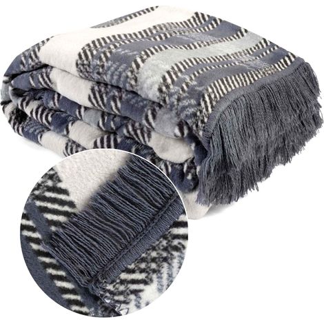 Coperta in cotone 150x200 con frange a motivo geometrico a quadri, grigio ed ecru (1/5)