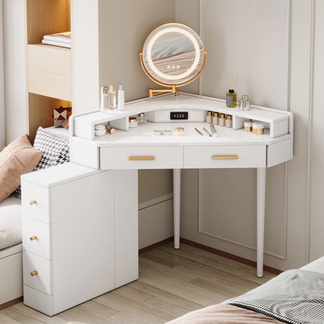 Tavolo da trucco angolare per camera da letto 105,5x75x120 cm Tavolo da trucco angolare con specchio LED girevole 5 cassetti USB-C Vano a giorno Bianco
