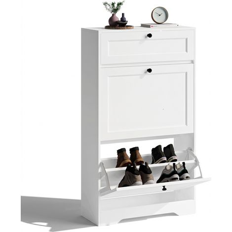 Schuhschrank mit 2 Klappen Bealife Schmaler Klappschuhschrank mit 1 Schublade für bis zu 12 Paar Schuhe für Eingangsbereiche Flure Weiß 58 x 24 x 102 cm (1/5)