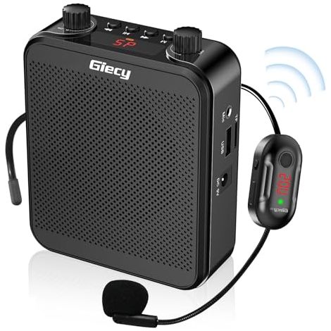 Amplificatore vocale portatile, microfono UHF wireless con batteria da 2800 mAh, lettore MP3/TF/USB, radio FM e registratore per insegnanti, tour, eventi
