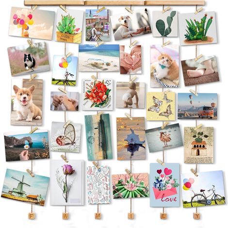 Cadre Photo Mural avec Corde Couleur de Bois 30 Petites Pinces (1/5)