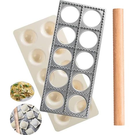 Lot de 10 accessoires à raviolis avec planche ronde et rouleau à pâtisserie, moules et tampons pour préparer facilement des raviolis maison, blanc et argent (1/5)