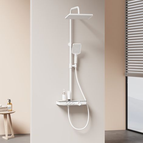 EMKE Duschsystem mit Thermostat & Kindersicherung, 30cm Regenduschkopf mit 3-Funktionen Handbrause, Mattweiß