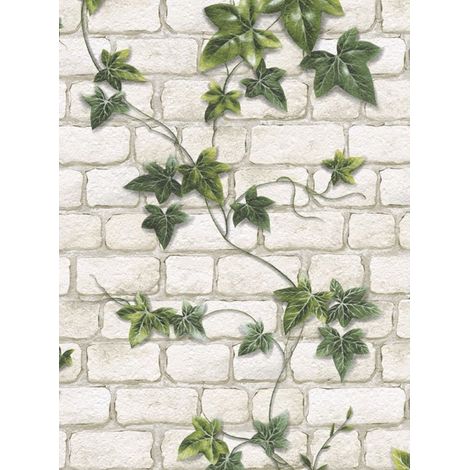 Ivy Brick Effect Wallpaper Stone Slate Textured Embossed White Green Modern