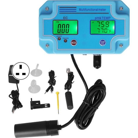 Medidor de pH portátil de alta precisión: mide pH, conductividad eléctrica (CE) y temperatura. Pantalla LCD retroiluminada. Alimentación de 6 V CC. Aplicaciones: acuarios e hidroponía. (1/5)