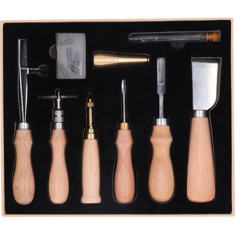 Lederbearbeitungswerkzeugset, holzfarben, gebogener Griff, DIY-Handnäh-Lederhandwerksset, Lederwarenset, Lederwerkzeugset (1/5)