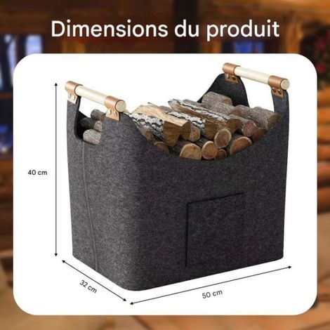 Panier feutre bois cheminée - Feutre rPET haute qualité Poignées en bois renforcées - Transport bois et courses (1/5)