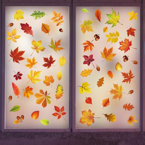 Decal Fenetre Automne - Feuilles D'érable Et De Pin - Auto-adhésif Sans Trace - Pour Vitre Porte Carrelage - Lot De 9 (1/5)
